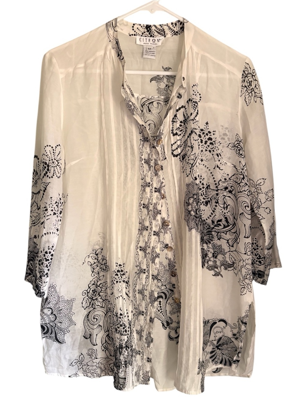 CITRON Santa Monica White Silk Button Up Blouse Artsy Size M